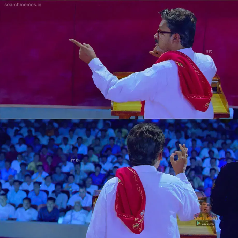 Azhagam Perumal speaking passionately from a podium before a crowd in Pudhupettai