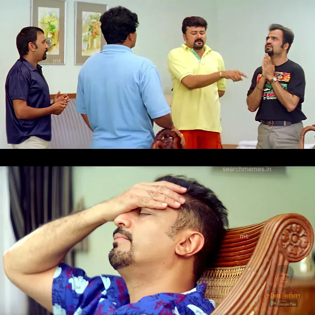 Kamal Haasan resting his hand on his head in despair while friends argue