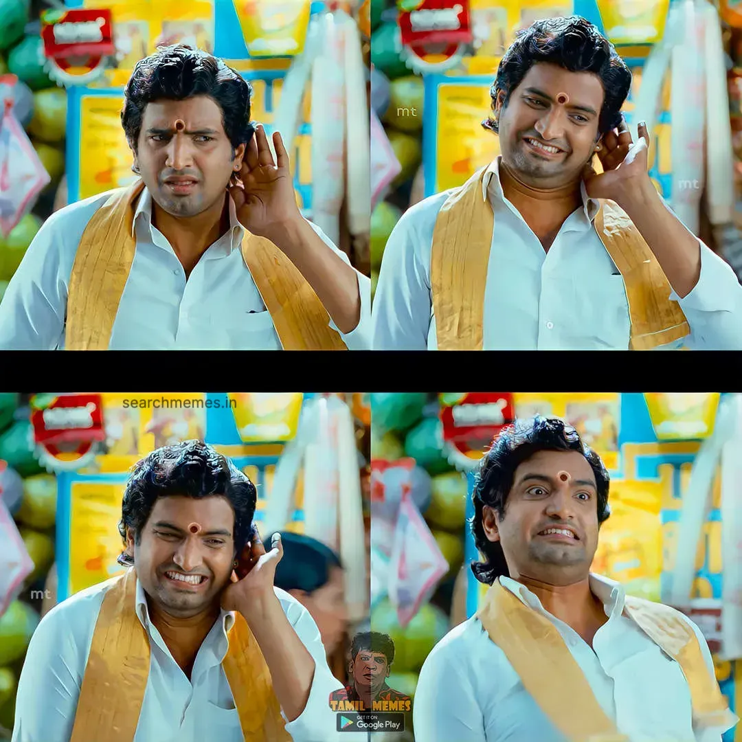 Four-panel image of Santhanam smiling and gesturing by his ear in Pattathu Yaanai