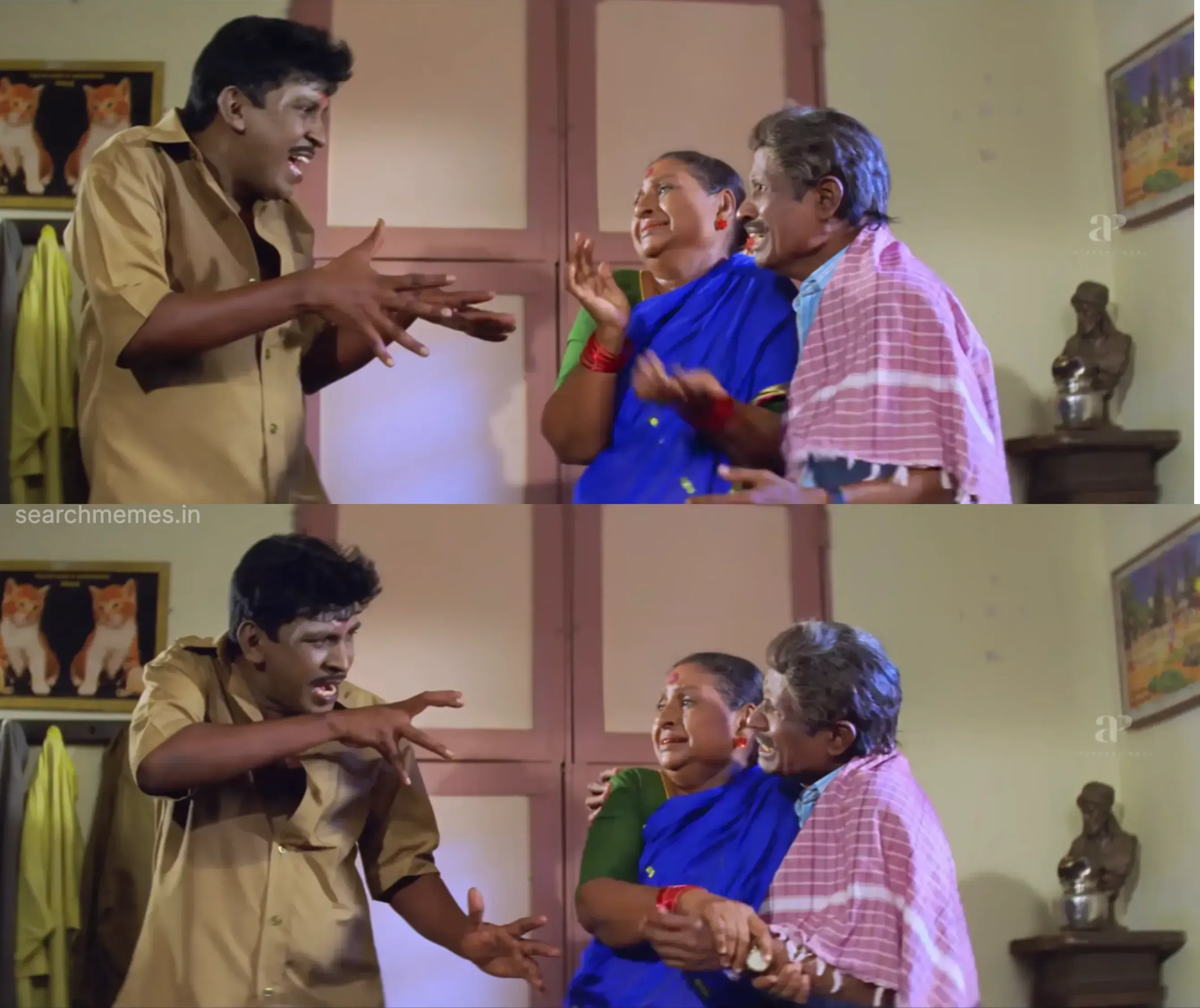 Vadivelu waving his arms threateningly at a couple with comic indignation