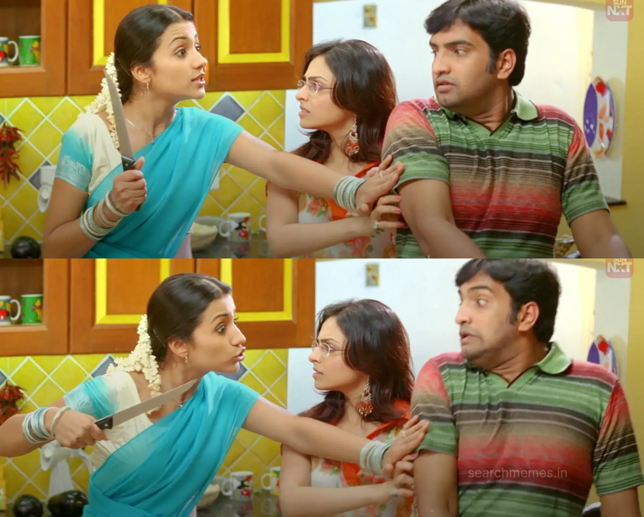 Trisha points a kitchen knife at Santhanam in a kitchen while he recoils in shock