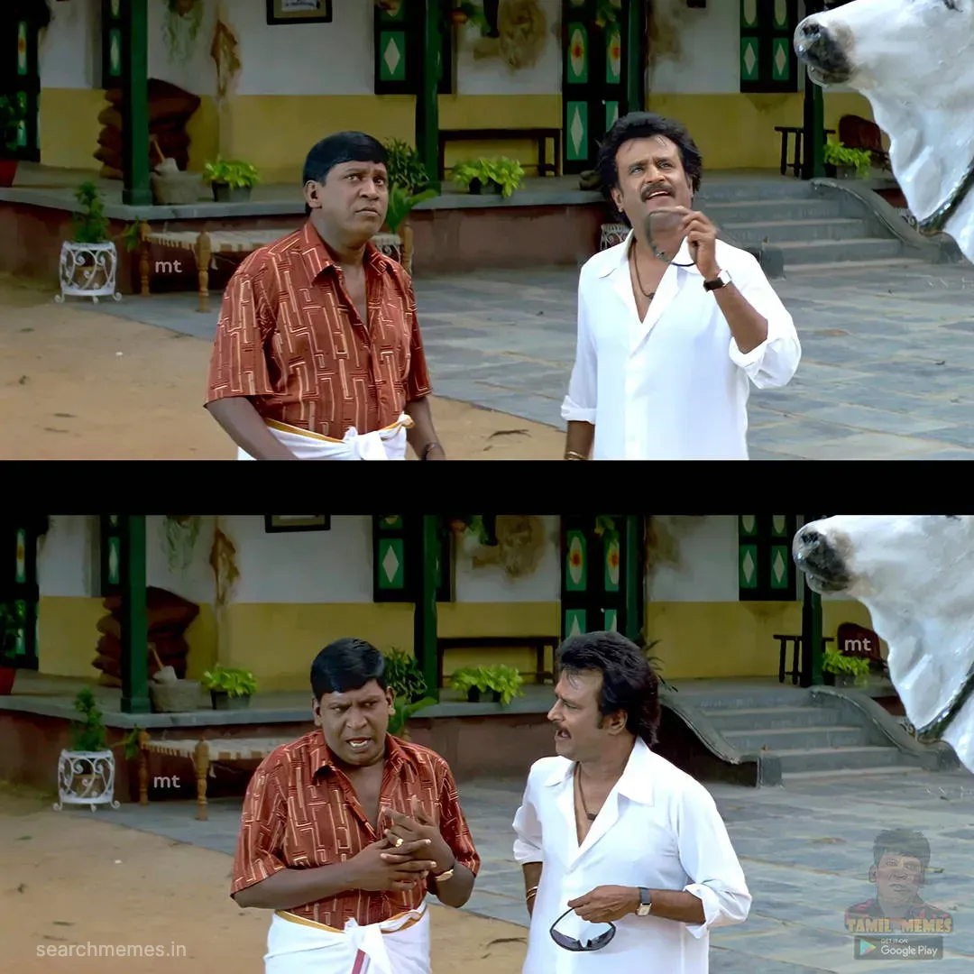 Two panels showing Vadivelu looking confused and scared, while Rajinikanth explains something.
