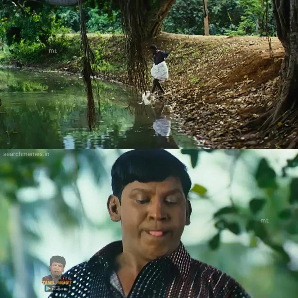 Vadivelu sticking tongue out below a scene of a pond bank path