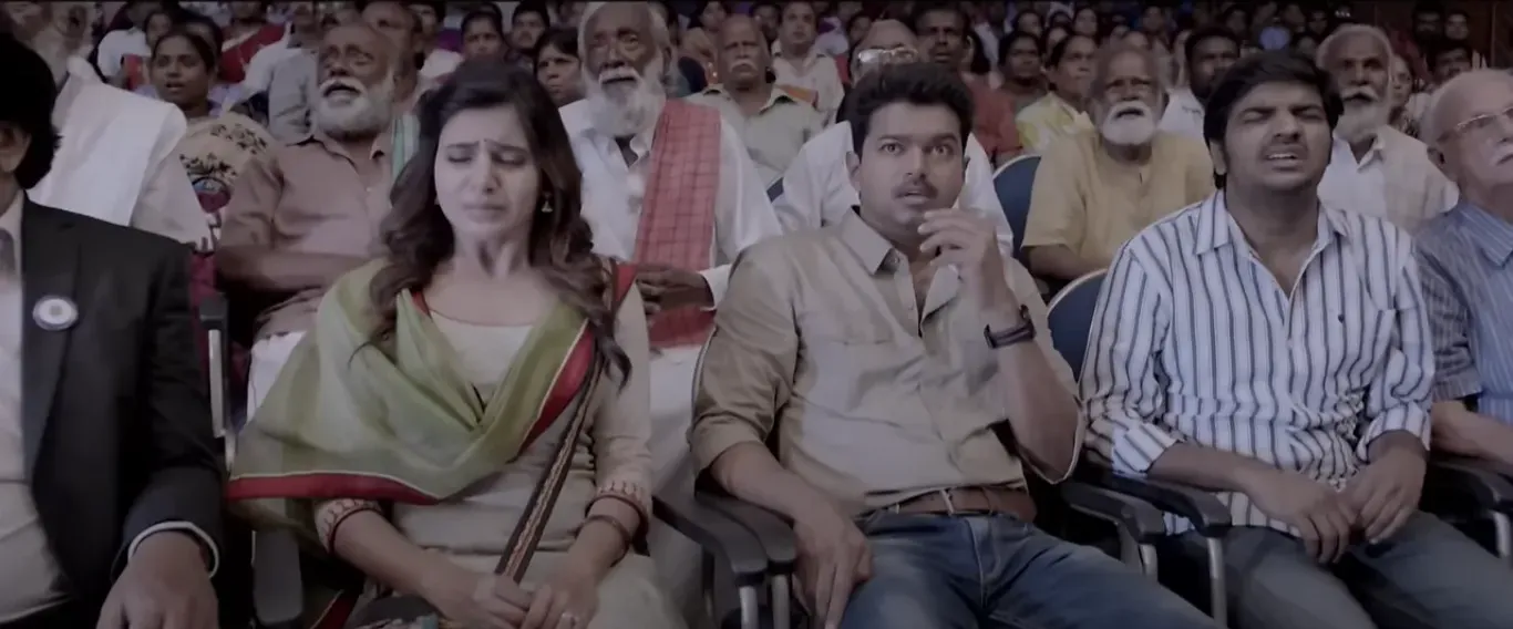 Vijay holding his chin in shock sitting beside an emotional Samantha and Sathish