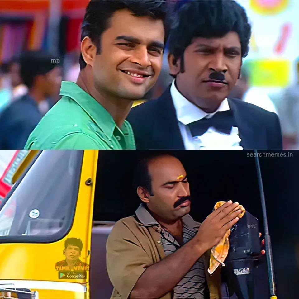 Vadivelu talking with animated hand gestures to Madhavan