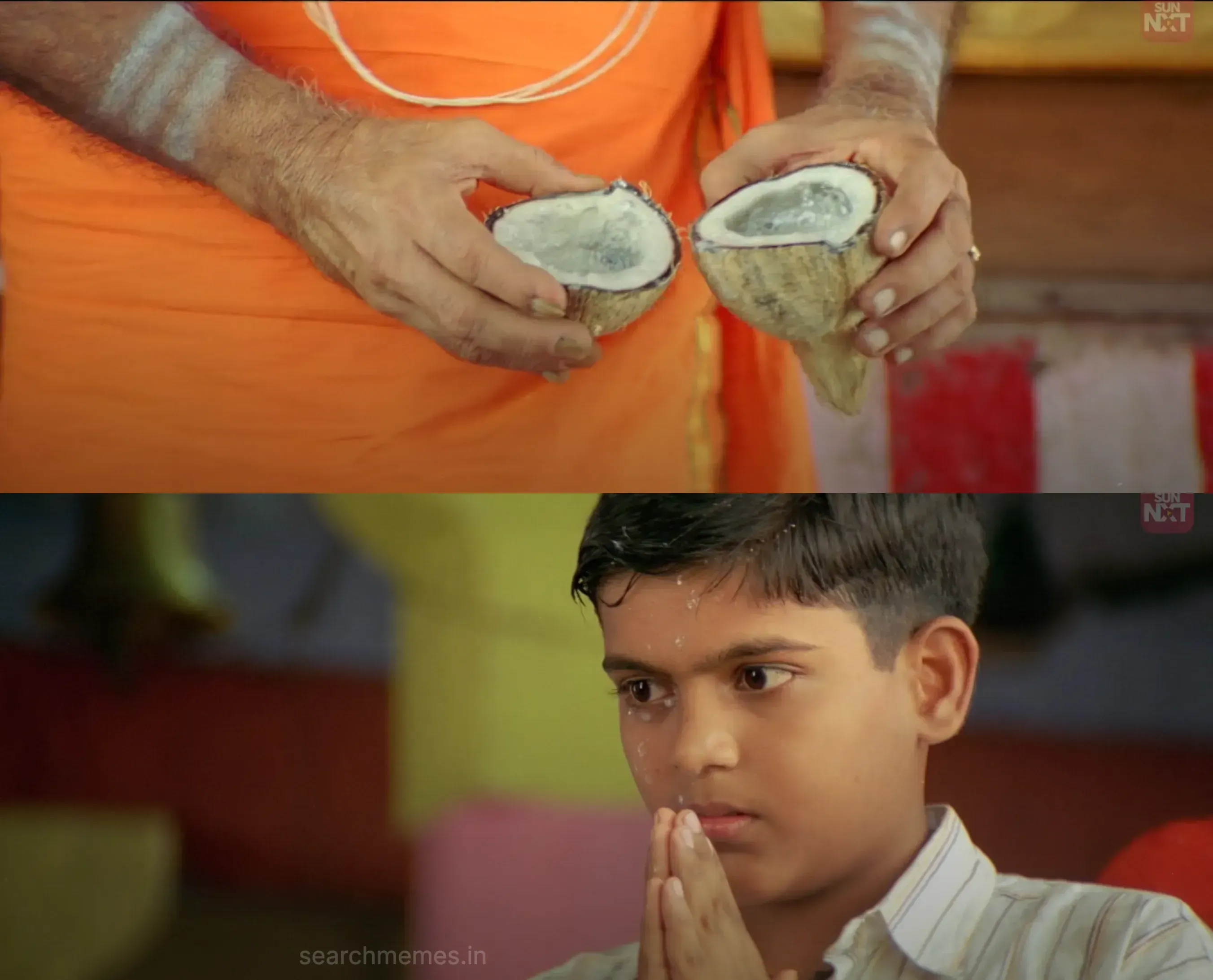 Two panels showing a rotten coconut and a worried boy praying, symbolizing bad luck.