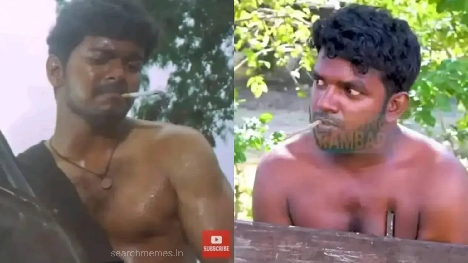 Split screen of Vijay holding a cigarette beside a man mimicking his exact pose