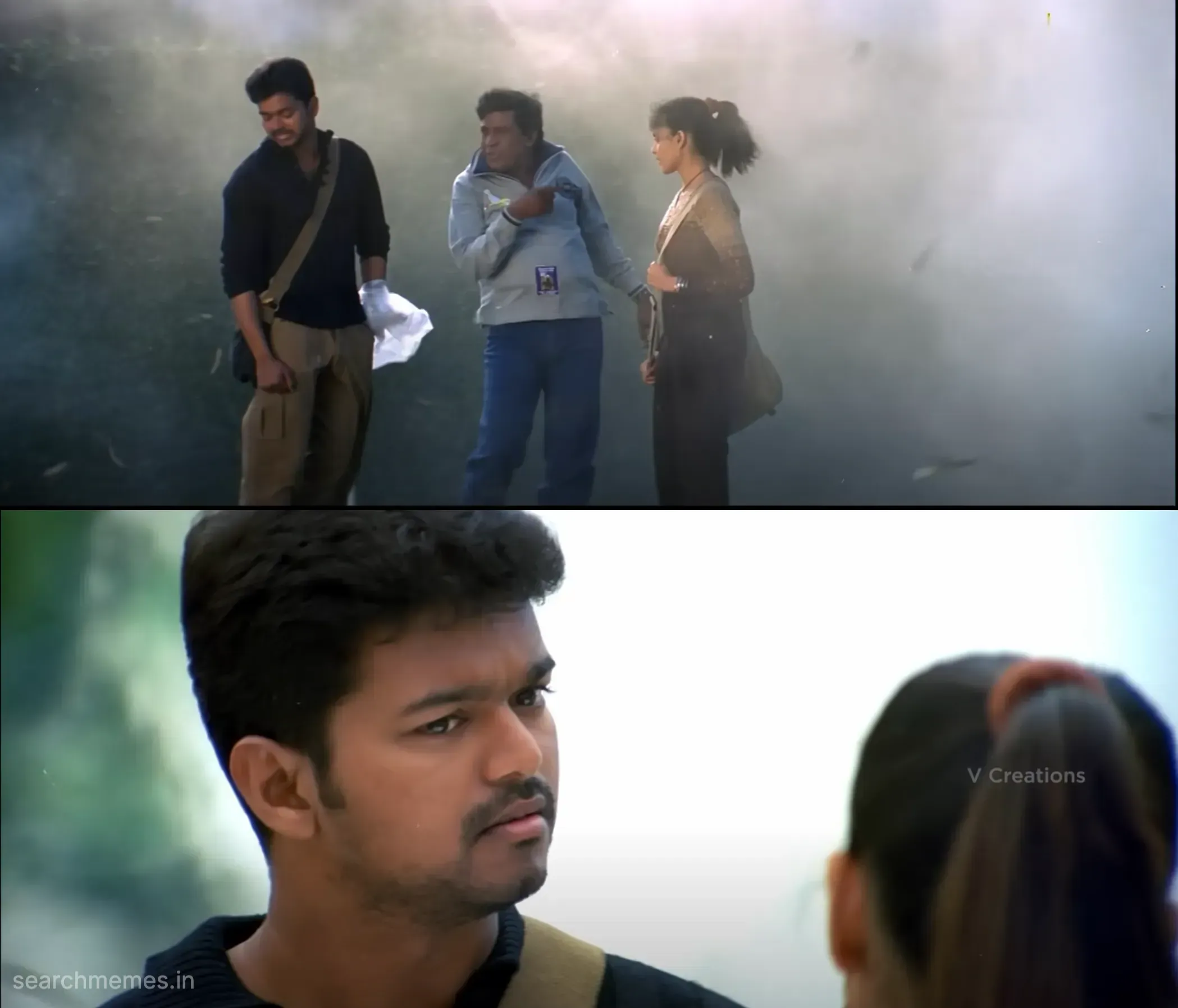 Vadivelu gesturing enthusiastically while talking to Vijay on college grounds