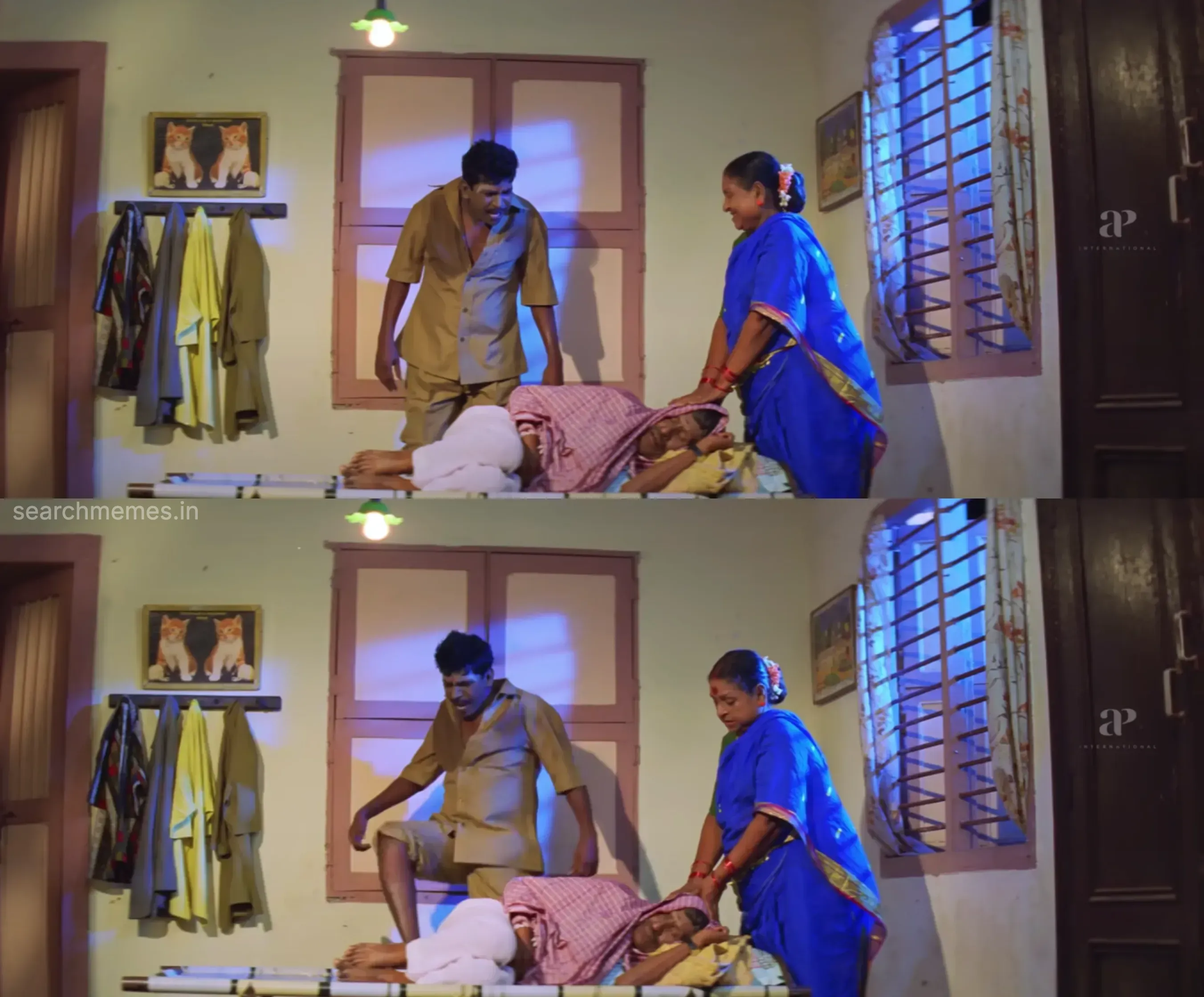 Vadivelu wrapped in a warm blanket shivering with fever while complaining