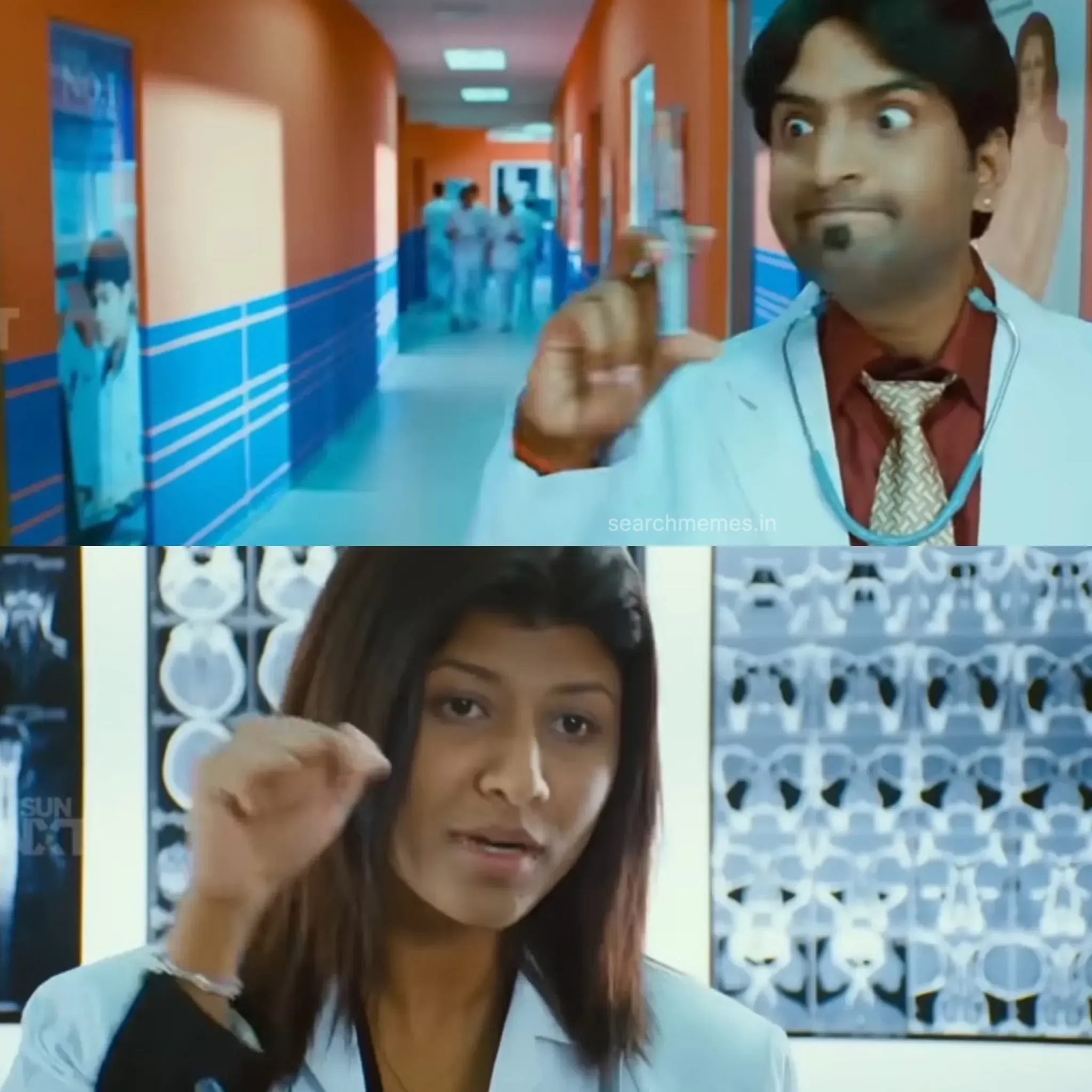 Santhanam talking animatedly with a bewildered questioning look on his face