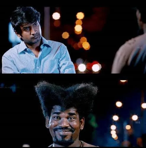 STR looking suspicious at Santhanam with a bizarre flared hairdo in Vaalu