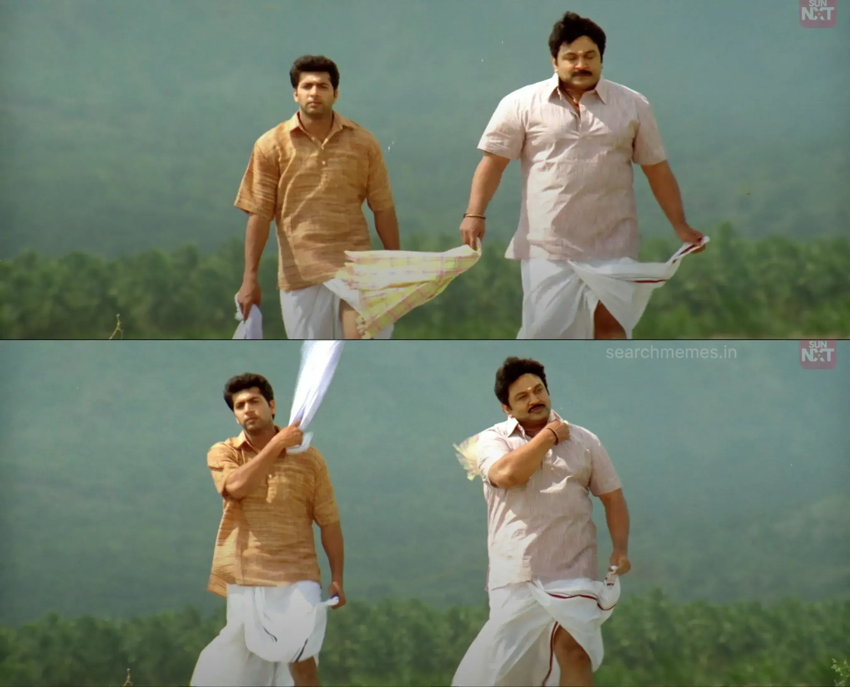 Jayam Ravi and Prabhu walking through fields flipping towels onto their shoulders