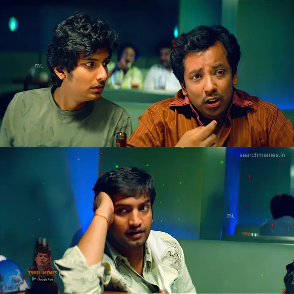 Two panel shot of Santhanam, Sathyan and Jiiva having a conversation in a dimly lit bar