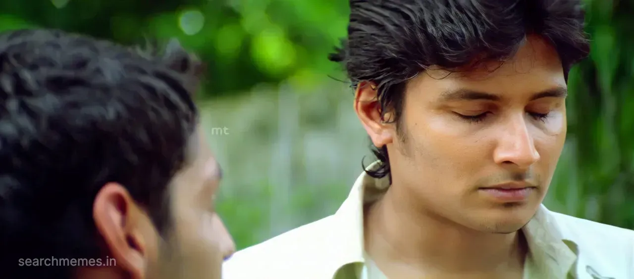 Jiiva closing his eyes in suppressed irritation in Siva Manasula Sakthi