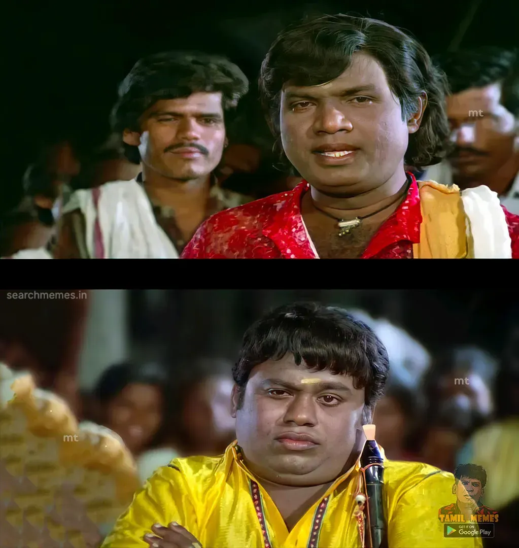 Goundamani talking while Senthil stands with crossed arms holding a musical instrument with an innocent blank face
