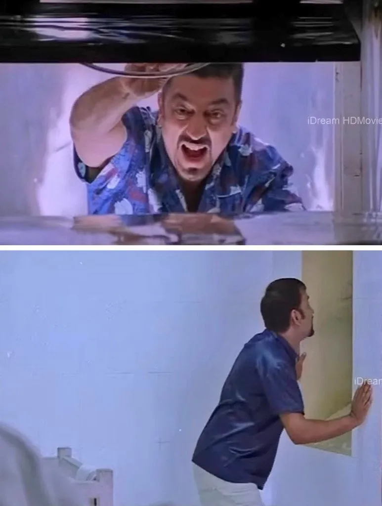 Two-panel image of Kamal Haasan looking down a laundry chute and a man pushing something into the wall slot below