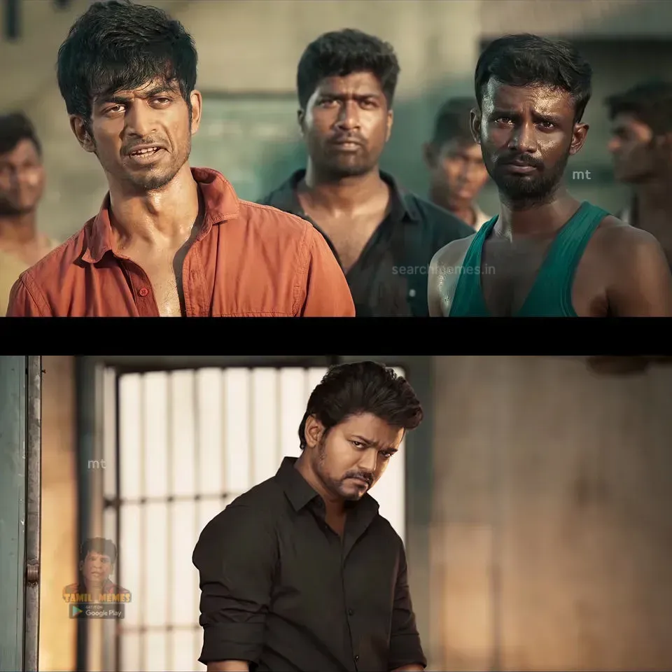 Arjun Das speaking aggressively while Vijay stares calmly from a doorway