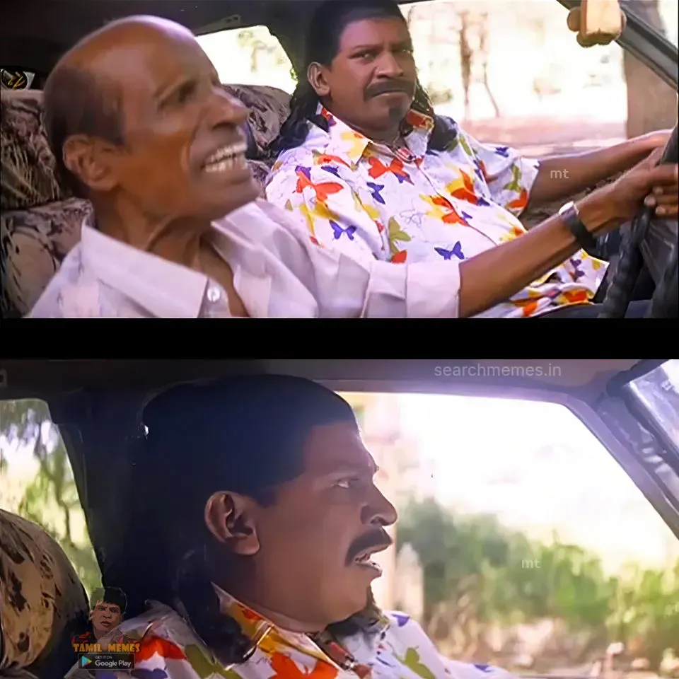 Two-panel frame showing Vadivelu driving with Ennatha Kannaiya and reacting with bewildered surprise
