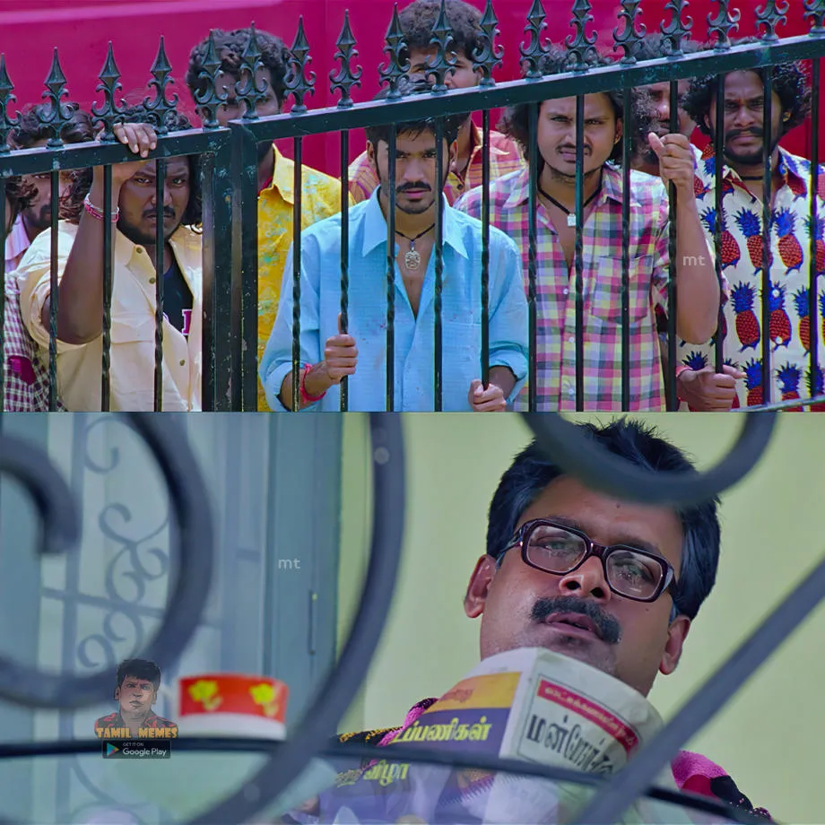 Dhanush with disheveled hair clutching an iron gate with anxious eyes