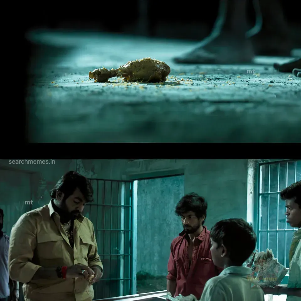 Chicken piece on the floor shown above Vijay Sethupathi speaking to children