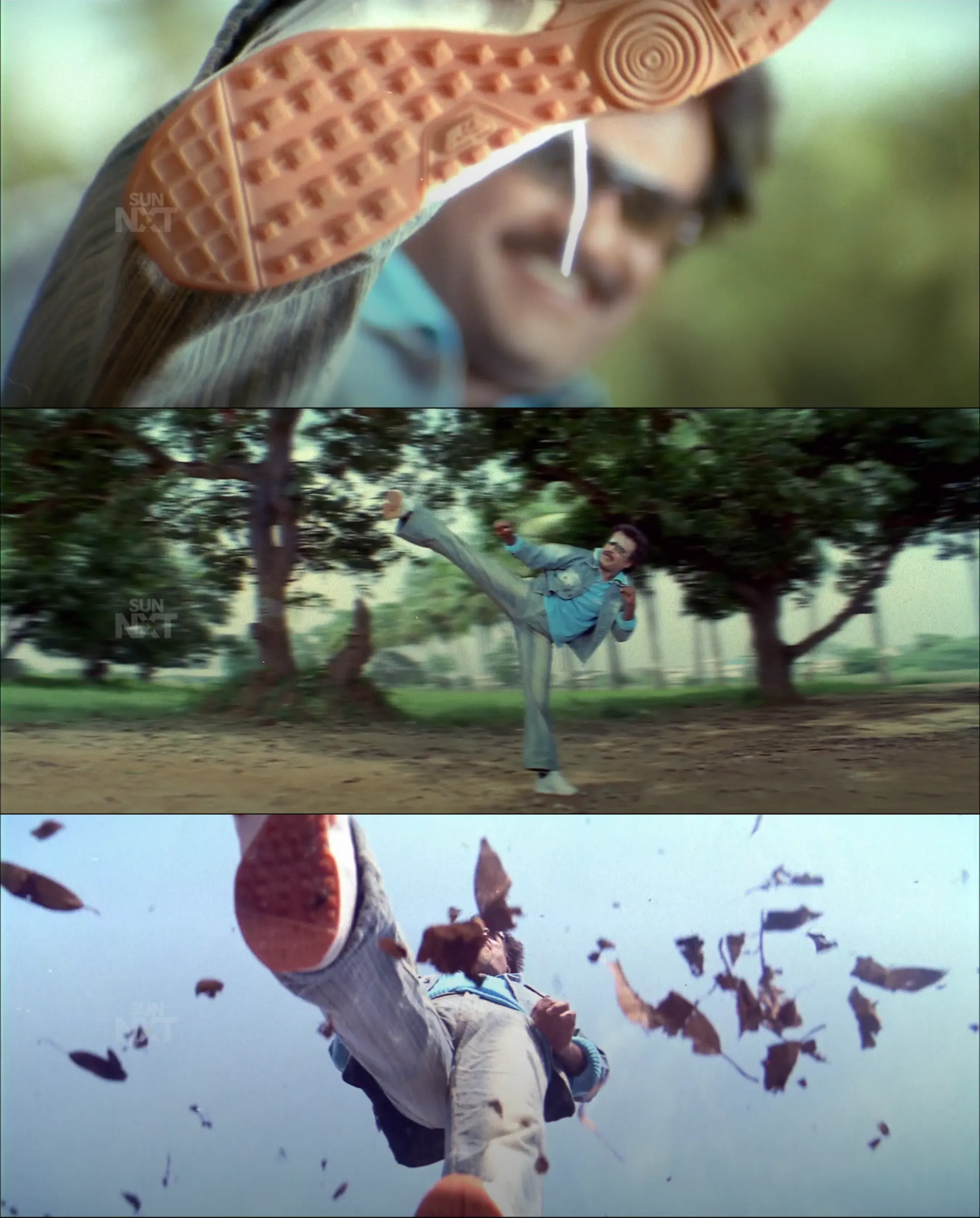 Three-panel sequence of Rajinikanth executing a flying kick in Chandramukhi