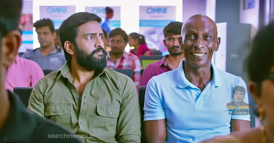 Santhanam looking anxious next to a grinning Mottai Rajendran in Dhillukku Dhuddu 2