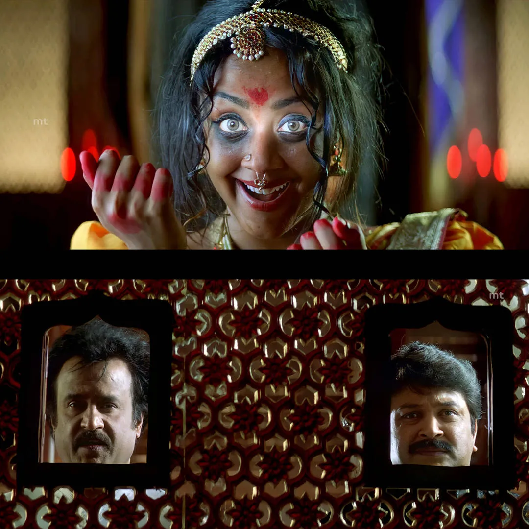 Jyothika smiling wildly above Rajinikanth and Prabhu staring in shock