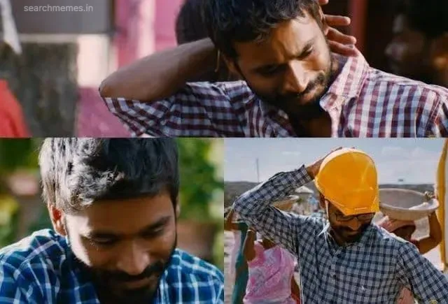 Three-frame collage of Dhanush smiling bashfully and holding his helmet