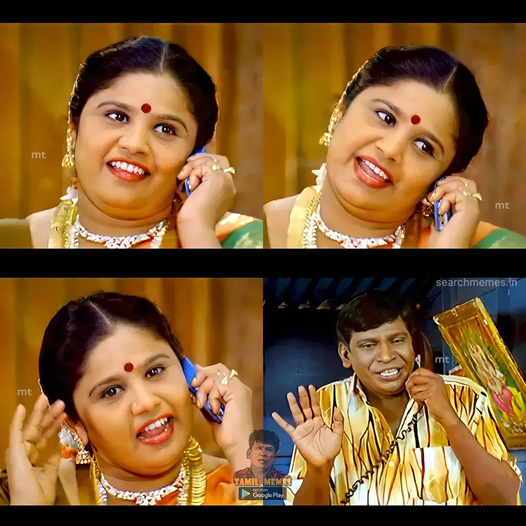 Four panel image of a woman speaking on a mobile phone and Vadivelu raising hands