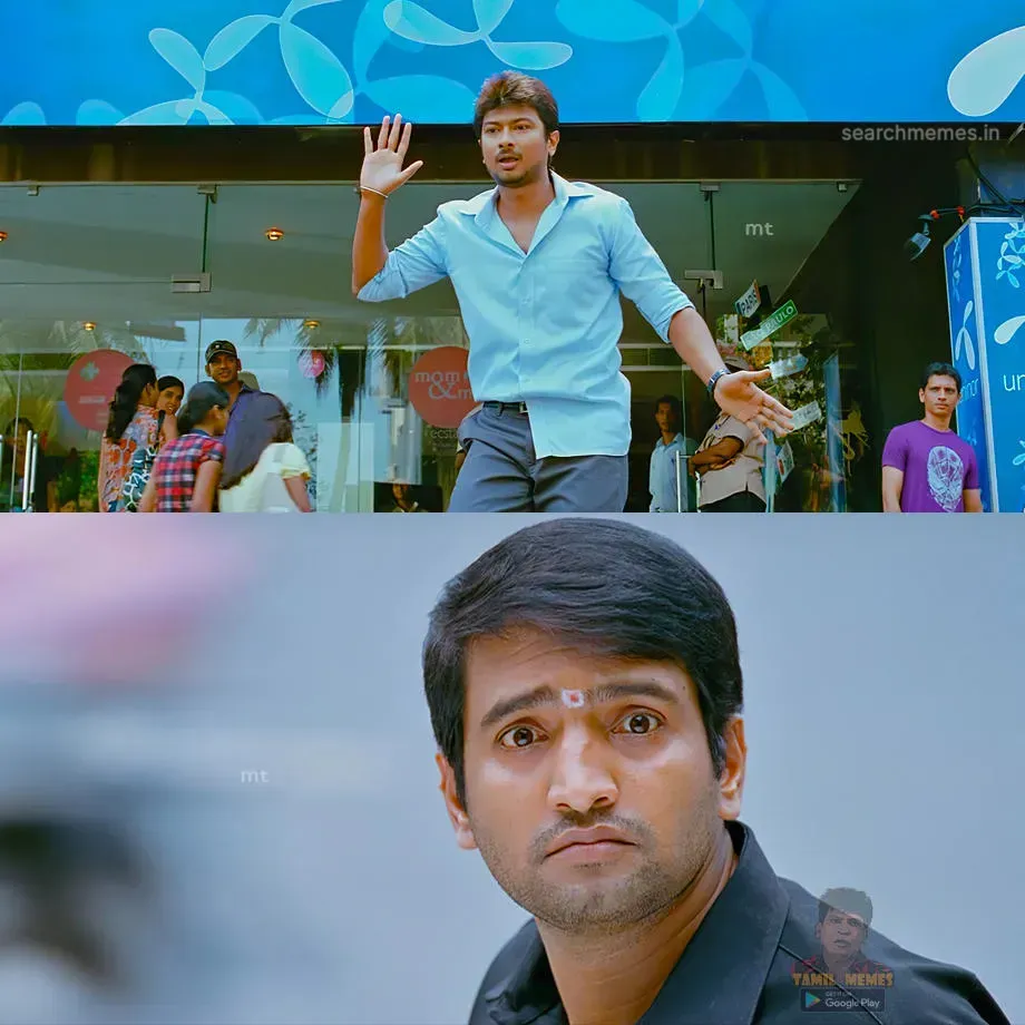 Two-panel frame showing Udhayanidhi dancing and Santhanam staring in disbelief
