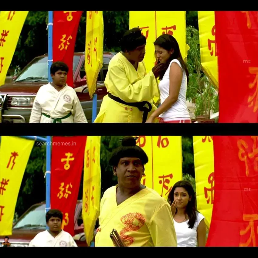 Vadivelu in a white karate uniform speaking earnestly with gestures