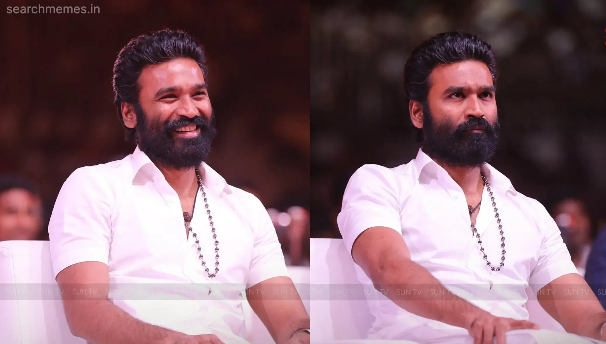 Side-by-side comparison of Dhanush smiling on the left and looking stoic on the right