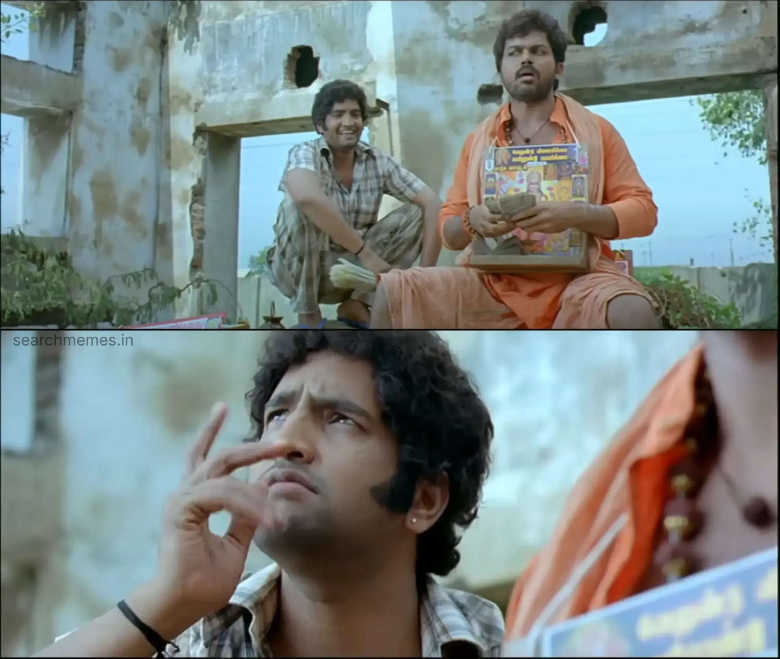 Top panel shows Karthi and Santhanam. Bottom panel shows Santhanam looking up thoughtfully, calculating.