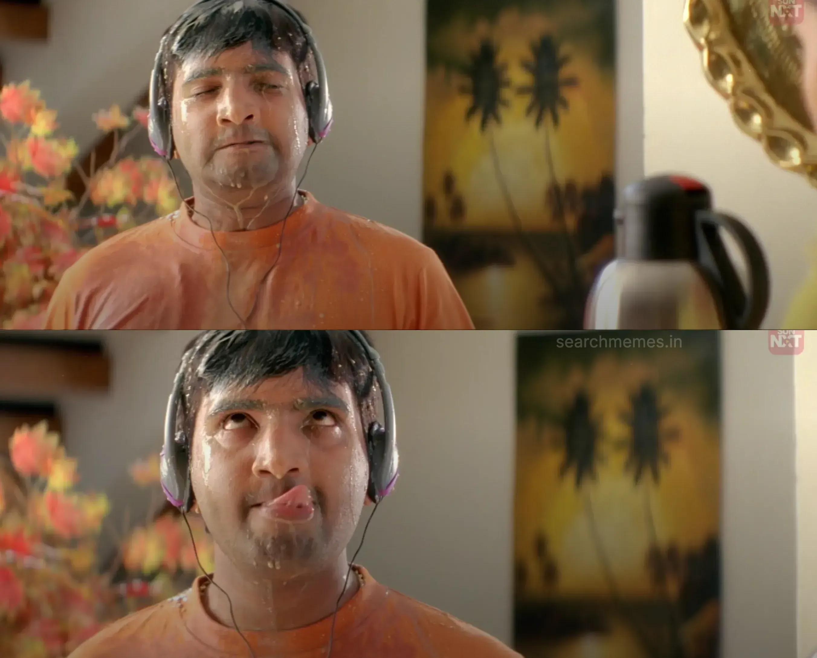 Santhanam with headphones tasting spilled coffee dripping down his face