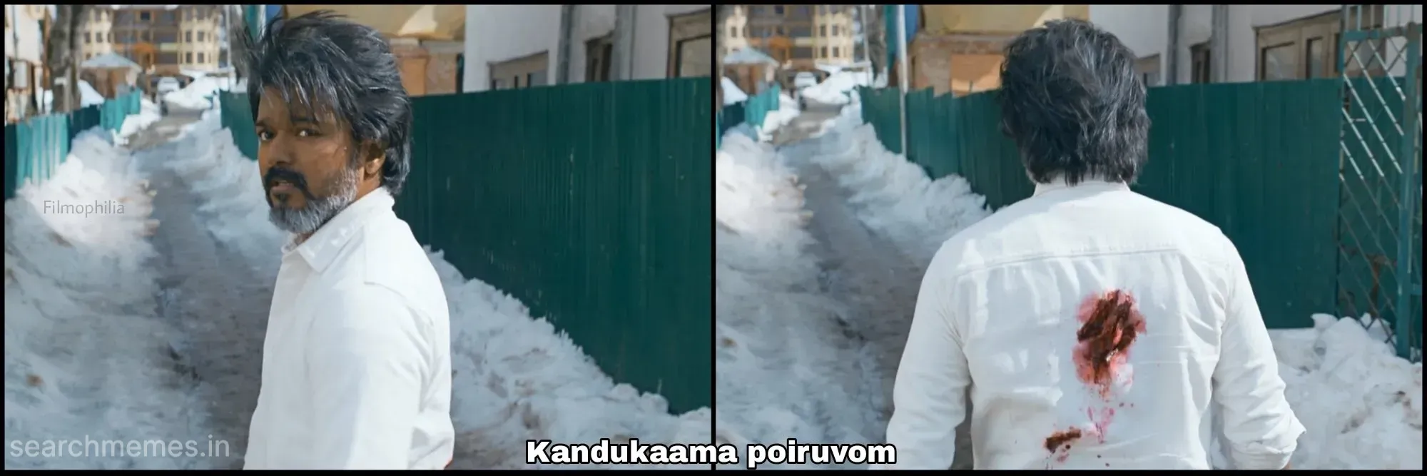 Vijay in a white shirt looking back and walking away with claw marks on his back