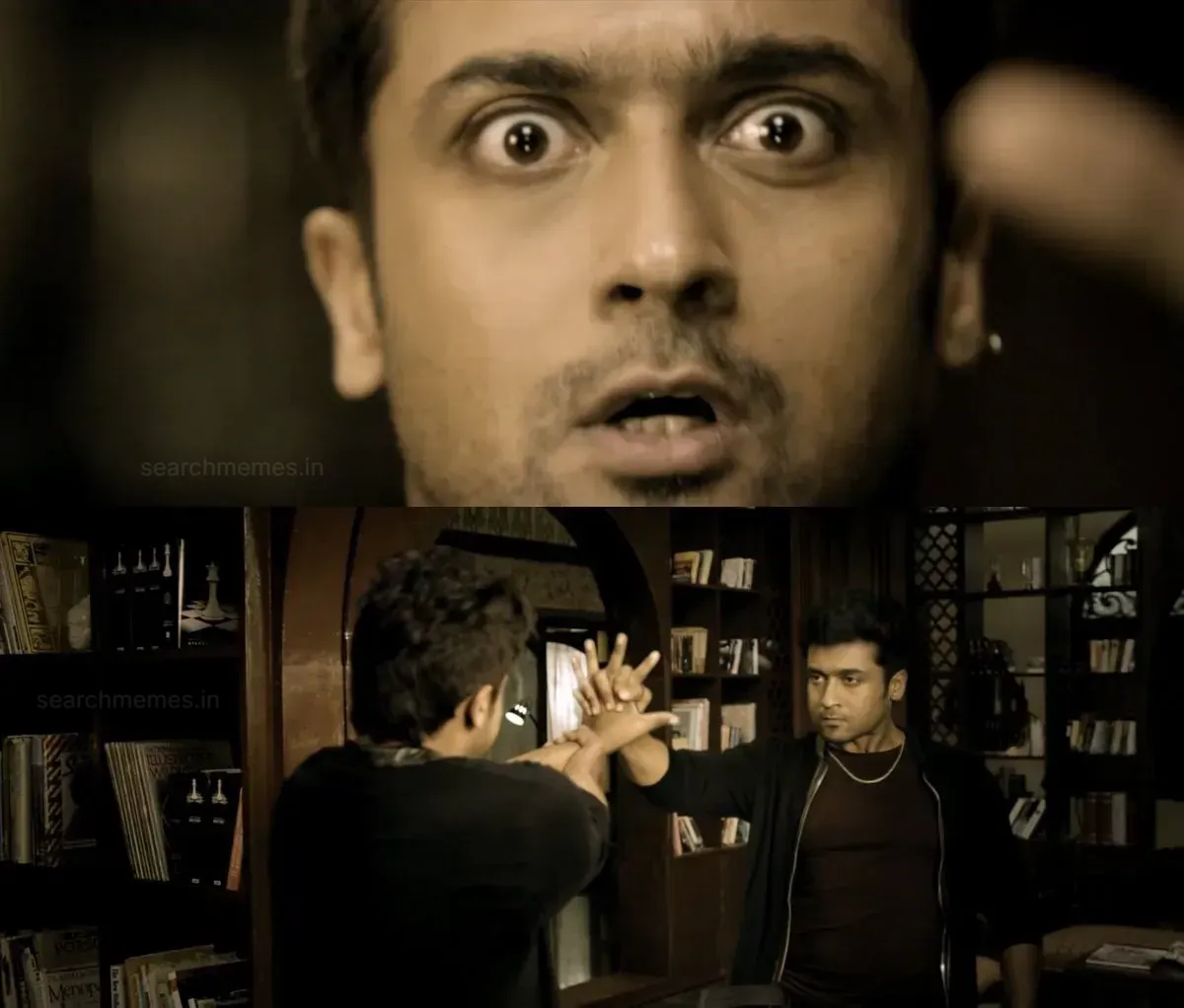 Two-panel frame of Suriya looking terrified and clutching hands with his reflection in a mirror