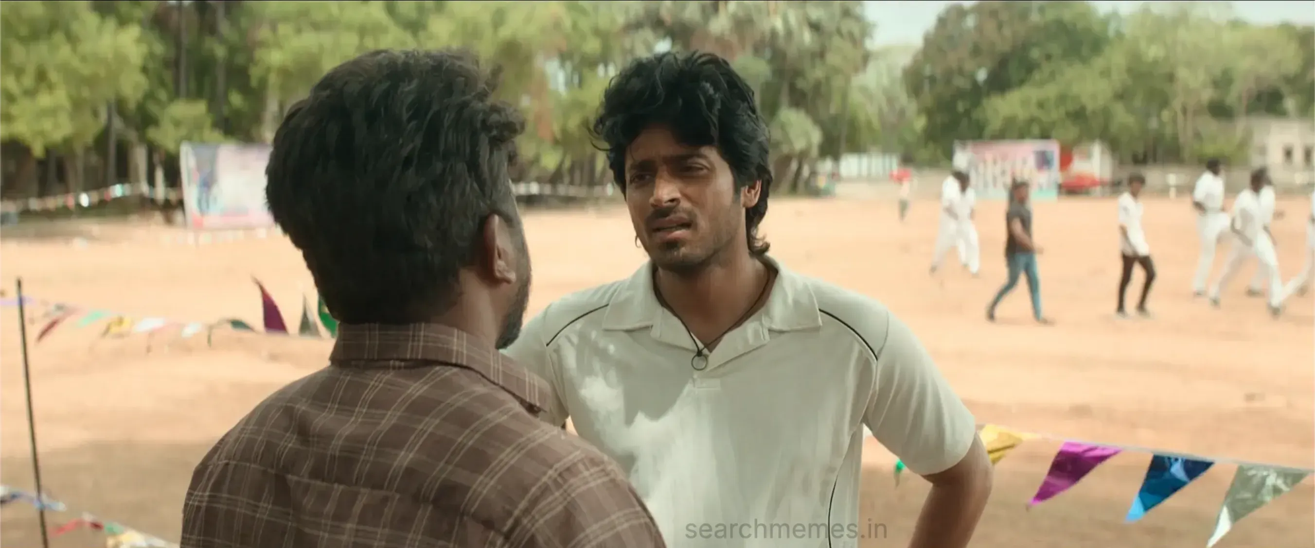 Harish Kalyan gesturing during an intense verbal argument on the cricket ground