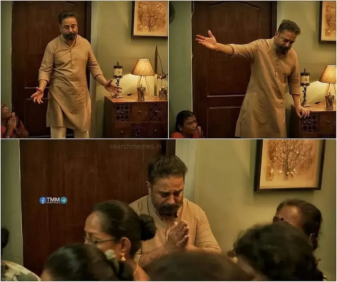 Kamal Haasan in Vikram trying to appease people with gestures of surrender and respect.