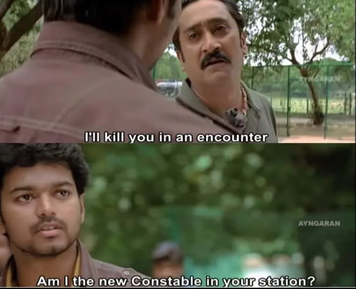 Vijay staring down corrupt police officers with fearless defiance