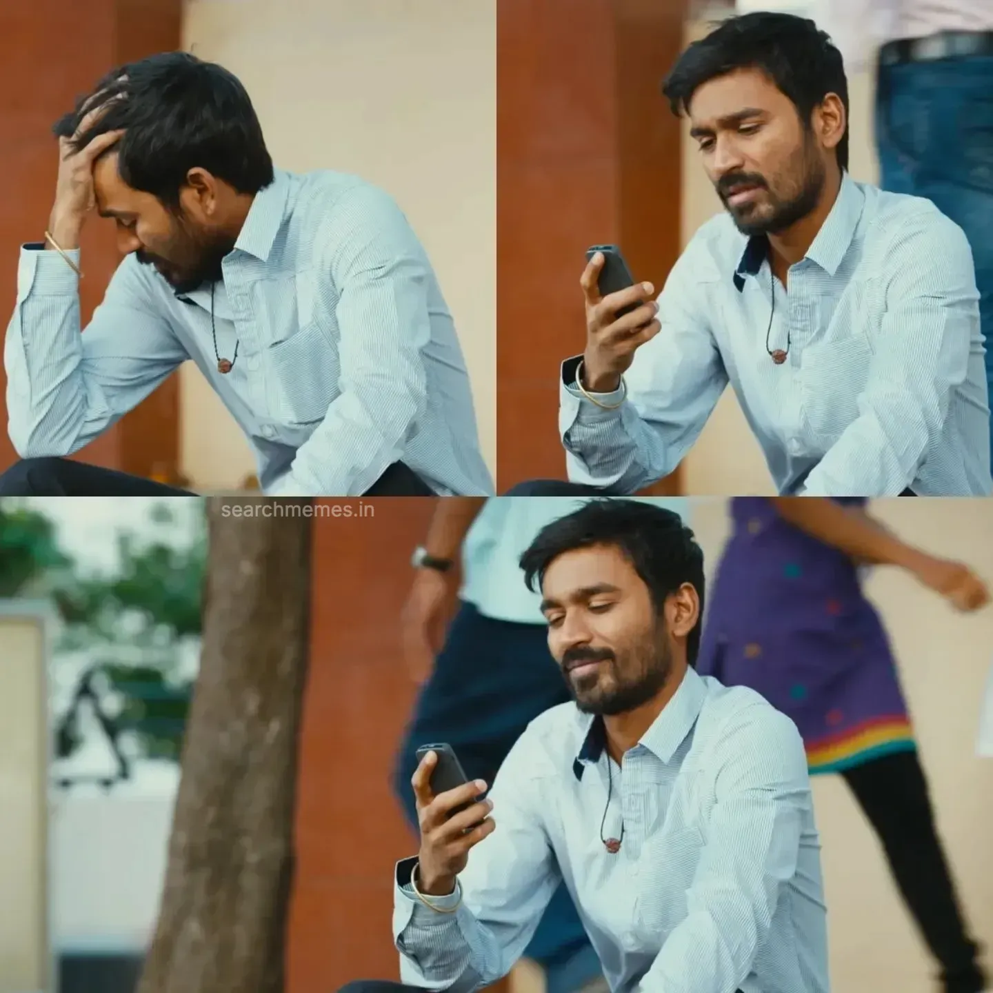 Dhanush holding his phone looking stressed and then smiling sweetly