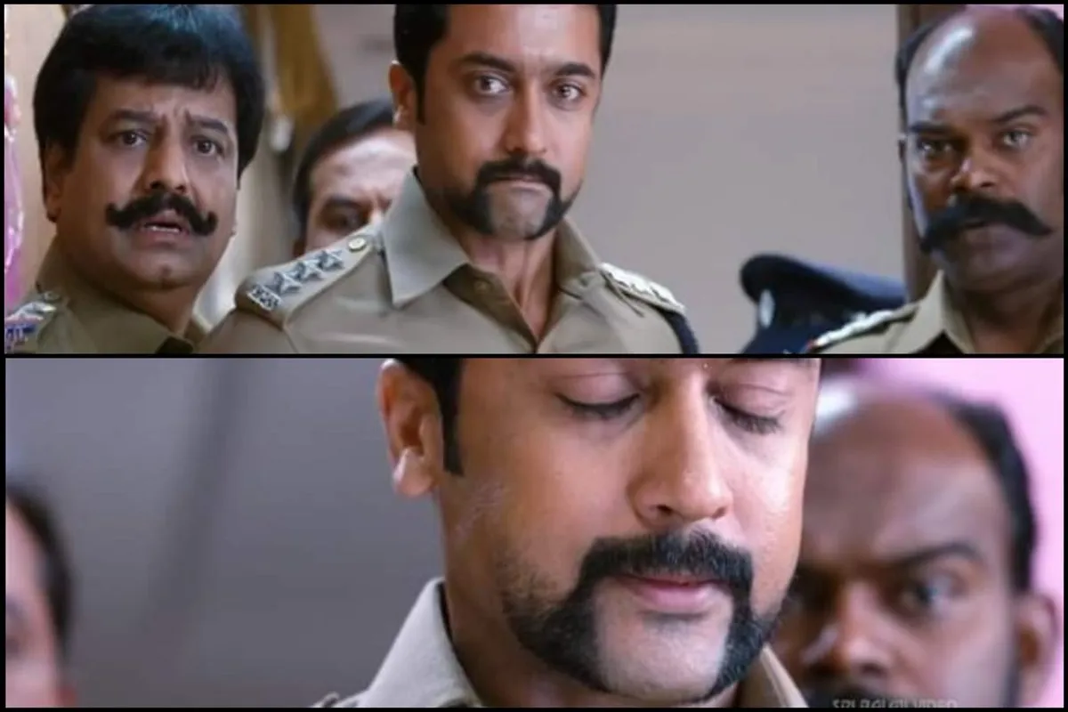 Two-panel image of Suriya in police uniform looking down with sorrow and teary eyes