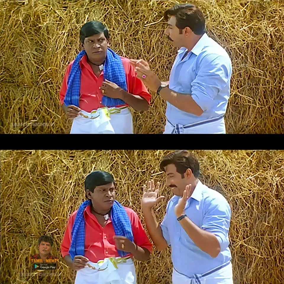 Vadivelu staring annoyed at Sathyaraj who holds up surrender hands