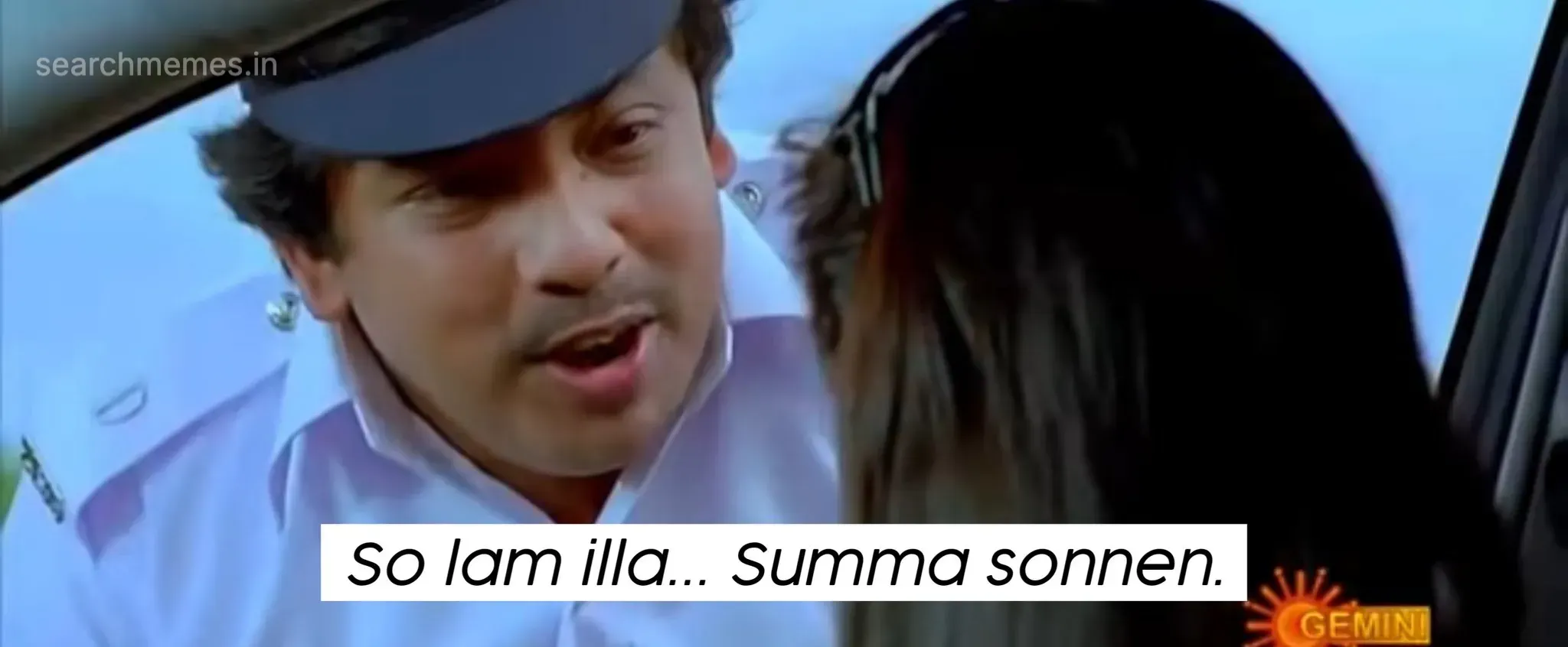 Sathyan dressed as a traffic cop leaning into a car window with caption text underneath