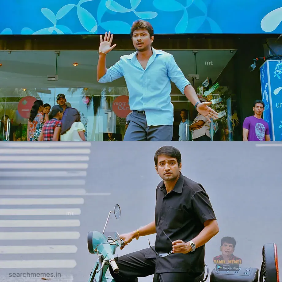 Santhanam staring wide-eyed in complete shock with a dropped jaw
