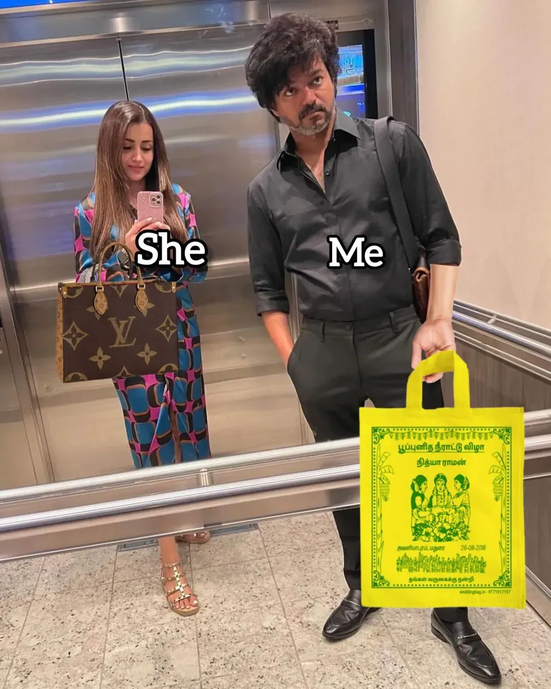 Vijay and Trisha taking elevator mirror photo contrasting luxury tote and cloth bag