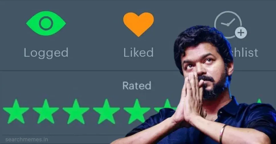 Vijay with hands clasped, superimposed on a screen showing 'Logged', 'Liked', and 'Rated' with five stars.