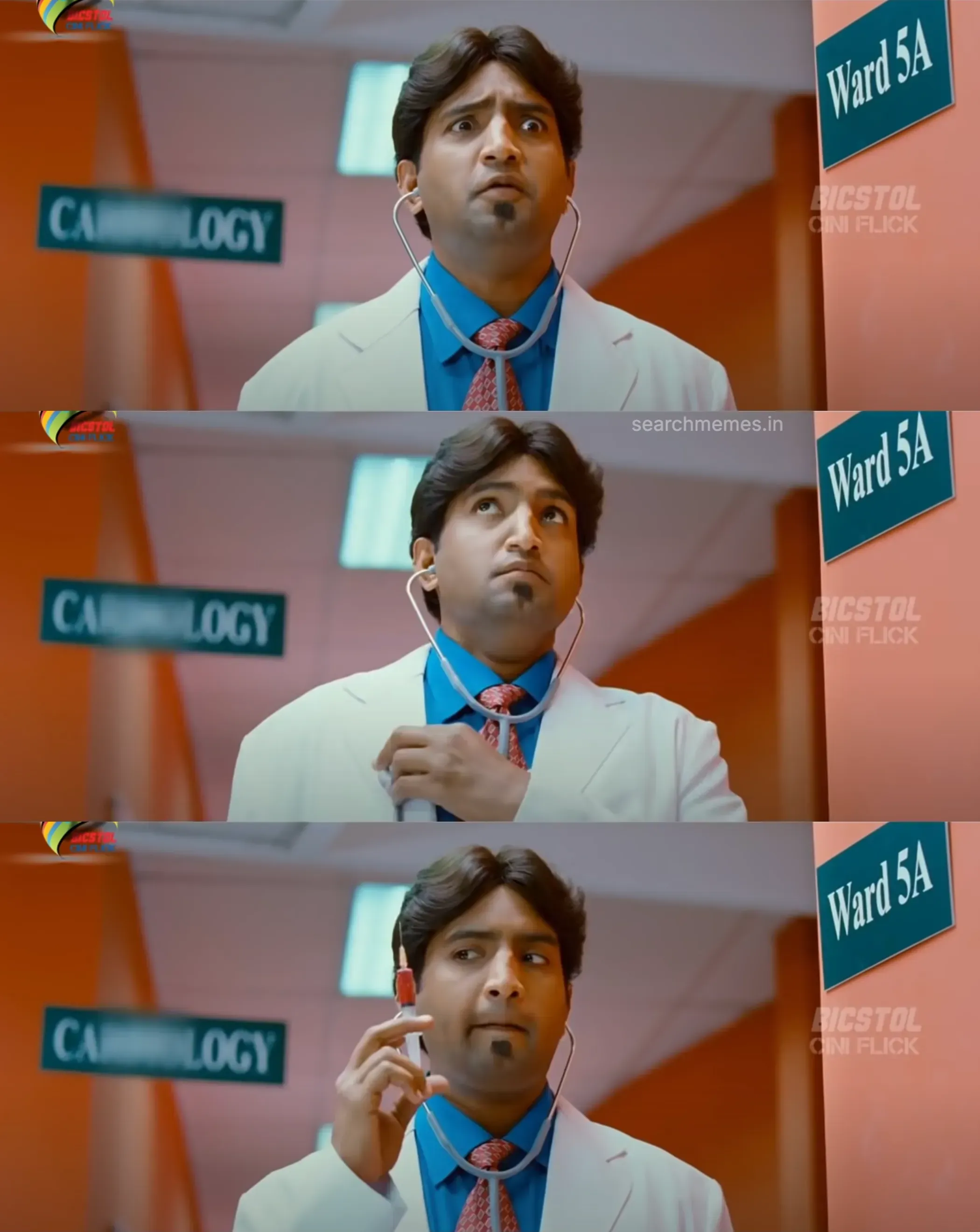 Santhanam with a stethoscope looking intensely suspicious and puzzled