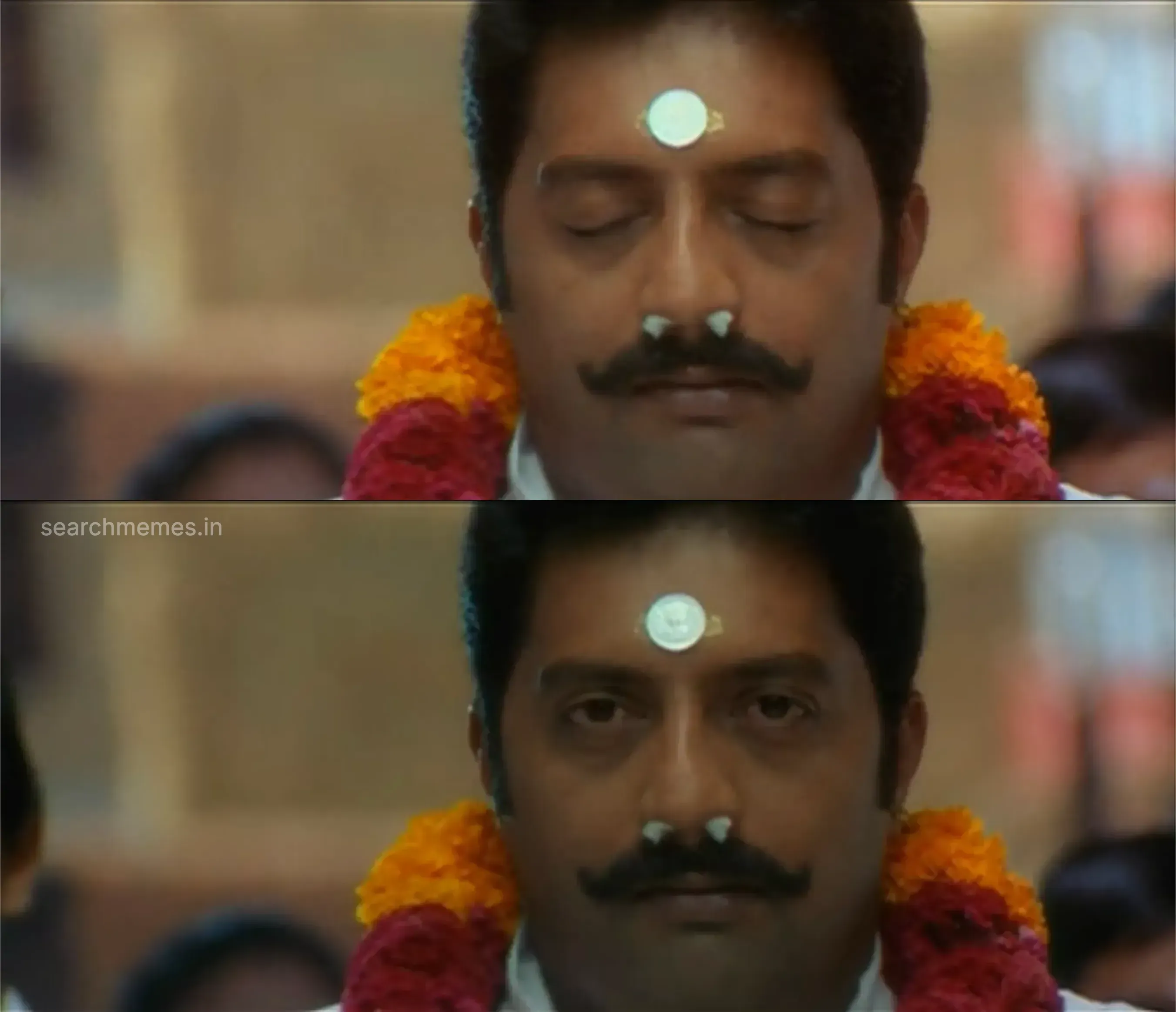 Prakash Raj in two panels, first with eyes closed and then open, wearing a garland.