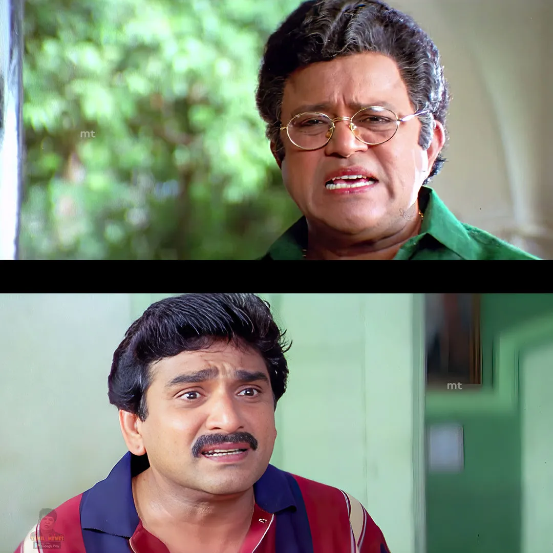 Ramesh Khanna making a horrified spitting face next to Radha Ravi