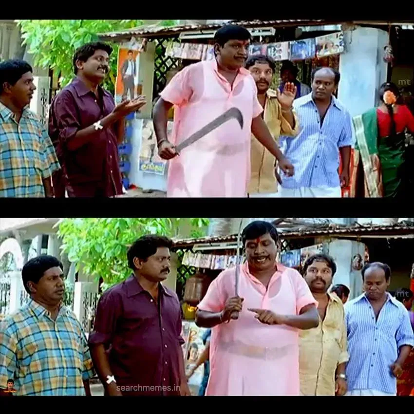 Vadivelu waving both hands in total frustration while scolding a singer